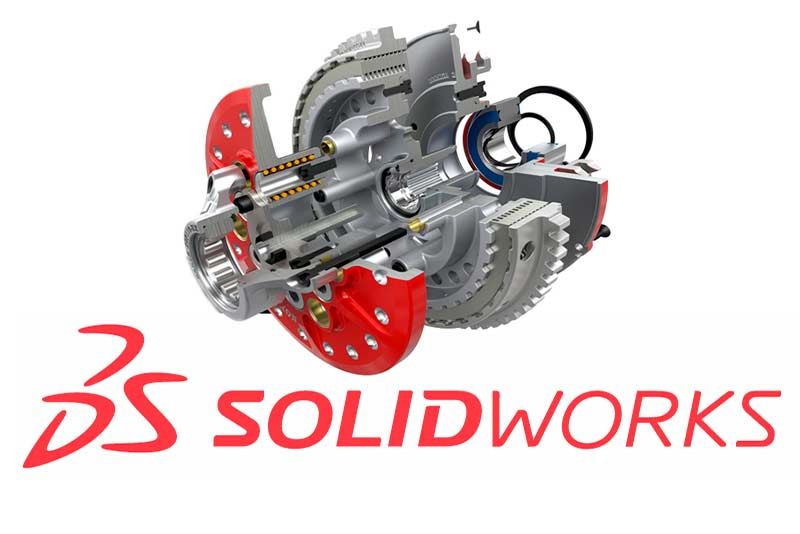 Ensamblaje mecánico seccionado modelado en SOLIDWORKS, con el logotipo de SOLIDWORKS
